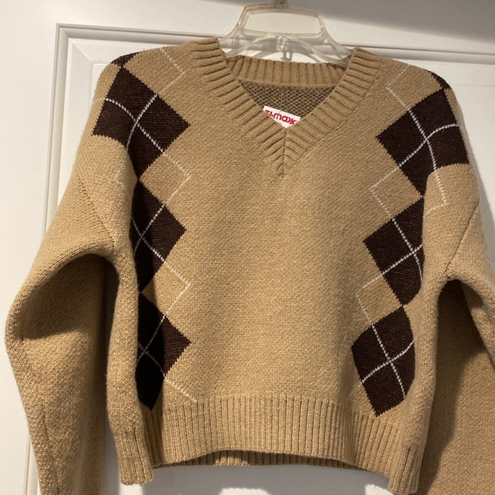 Tan Argyle V-Neck Sweater - Picture 2 of 3